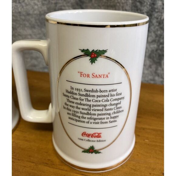 VTG 1996 Coca Cola Santa Gold Trim Mugs 2 Set Collectors Edition Christmas Mugs - Picture 6 of 12